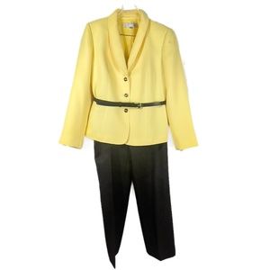 Tahari Yellow and Black Chevron Print Pantsuit with Shawl Collar and Black Belt